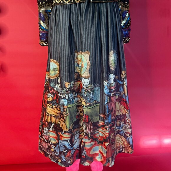 Elf Sack Illustrated Storybook Midi Skirt – Size M – Whimsical Cat Party Print - Picture 2 of 9